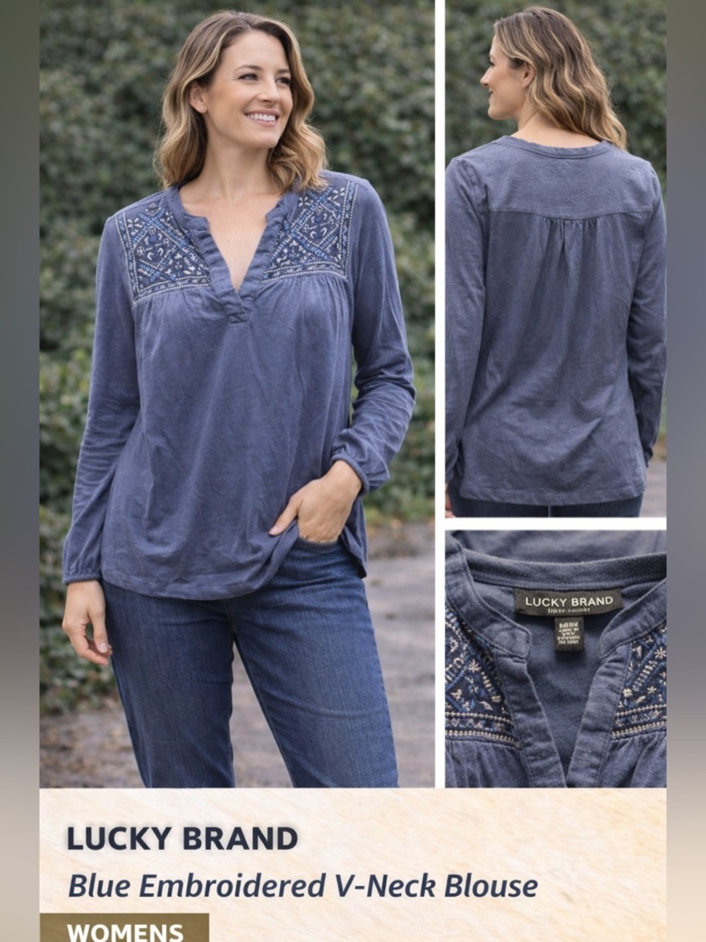 Lucky Brand Blue Embroidered V-Neck Blouse MEDIUM